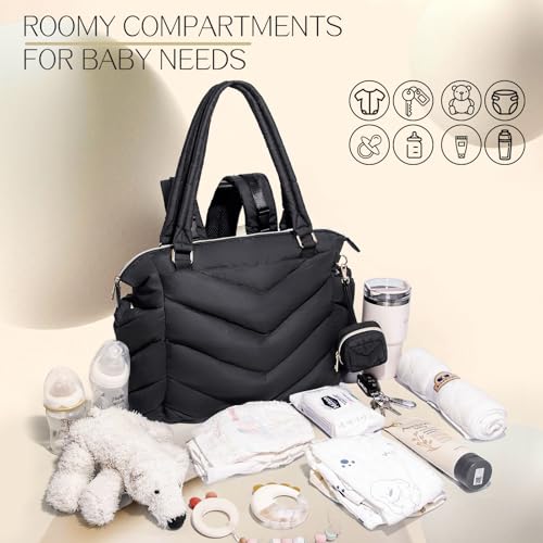 Diaper Bag Tote, Diaper Bag Backpack,Puffer Tote Bag with Pacifier Case, Lightweight Mommy for Hospital, Puffy with 10 Pockets, Convertible Baby for Travel, Black - color: Black