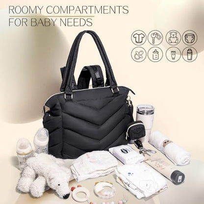 Diaper Bag Tote, Diaper Bag Backpack,Puffer Tote Bag with Pacifier Case, Lightweight Mommy for Hospital, Puffy with 10 Pockets, Convertible Baby for Travel, Black - color: Black