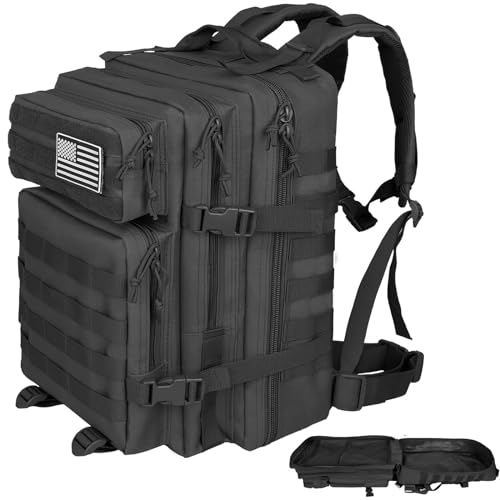 45L Army Tactical Backpack For Men,Large Military Assault Pack 3 Day Bug Out Bag For Women, Molle Daypack Camping Outdoor Mountaineering Backpacks Black Rucksack Survival