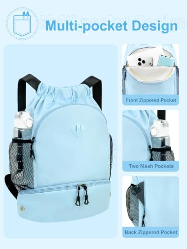 RHDZO Drawstring Backpack with Shoe Compartment and Wet Pocket, Large Blue - color: Large Blue, size: Large