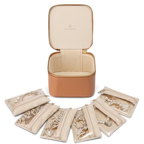 VLANDO Travel Jewelry Case,Valentines Gifts,Small Jewelry Box Organizer,Travel Jewelry Storage with 6 Velvet Jewelry Zipper Pockets, Birthday Gifts for Women Girls (Brown) - color: 6PCS-Brown