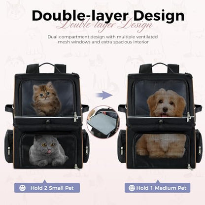 Double Cat Backpack Carrier for 2 Cats, Double-Compartment Pet Carrier Backpack for Two Small Cat or One Medium Cat, Cats Carrier Backpack Dog Carrier Backpack Fits Up to 24 Lbs,Black - color: Black