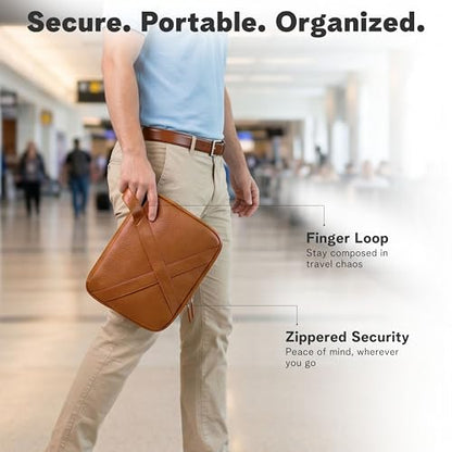 rofozzi Vegan Leather Travel Tech Pouch, Electronics & Cable Case Organizer with Padded 11-Inch Tablet Sleeve and Passport Pockets - color: Caramel