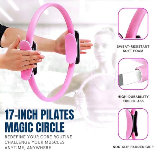 Pilates Kit for Women 17 Pieces – Premium Pilates Equipment Set with Magic Circle Ring, Yoga Ball, 5 Resistance Bands, Stretching Strap & More | Full Body Toning | Fitness Gift for Her