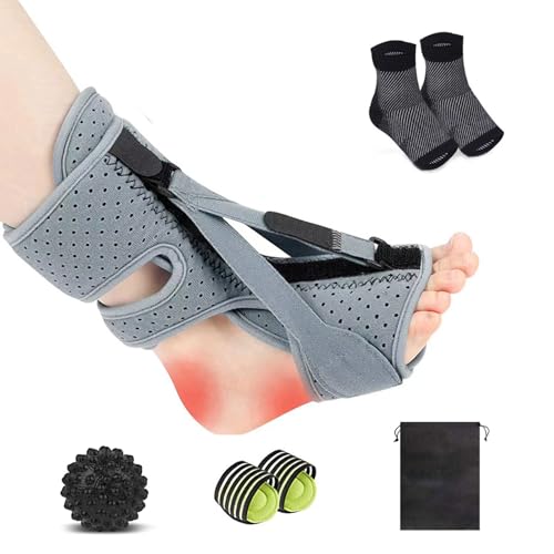 Plantar Fasciitis Night Splint with Massage Ball, Arch Pads & Socks, Adjustable Foot Brace for Achilles Tendonitis, Heel Spur, Foot Drop Relief – Lightweight Night Splint for Men and Women - color: Grey