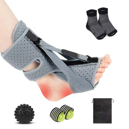 Plantar Fasciitis Night Splint with Massage Ball, Arch Pads & Socks, Adjustable Foot Brace for Achilles Tendonitis, Heel Spur, Foot Drop Relief – Lightweight Night Splint for Men and Women - color: Grey