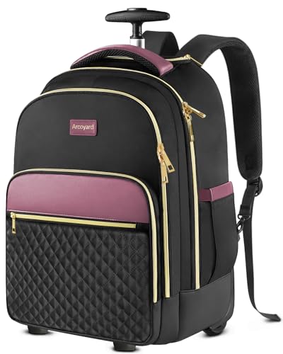 Arcoyard Rolling Backpack for Women, 17 Inch Laptop Backpack With Wheels for Adults, Large Water Resistant Wheeled Carry On Luggage Roller Bag, Flight Approved for Work, Travel, College, Black Purple - color: Black Purple, size: 17-inch