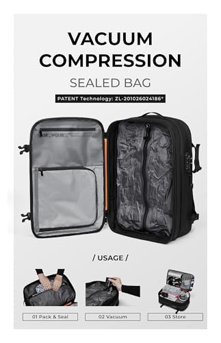 AirVault Vacuum Seal Travel Backpack 60L with Expandable HyperSeal Air Compression Vacuum System Water Resistant TSA Lock (Vacuum Pump Included, Black, 60L) - color: Black