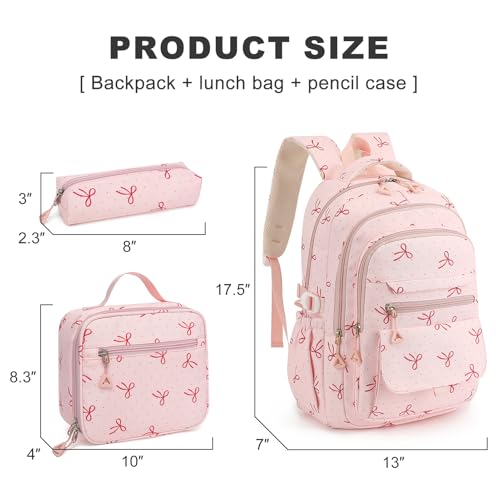 Phaoullzon Teen Girls School Backpack with Lunch Box for Boys, College Aesthetic Laptop Bookbag for Women - color: Pink Bow