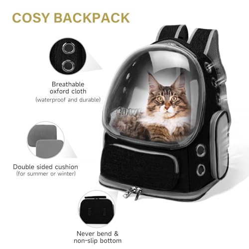 Cawypety Cat Backpack Carrier, Breathable Cat Carrier Large Space Bubble Pet Backpack for Kitty Small Dog up to 12lbs, Transparent & Foldable Pet Carrier for Travel Hiking (Black - color: Black