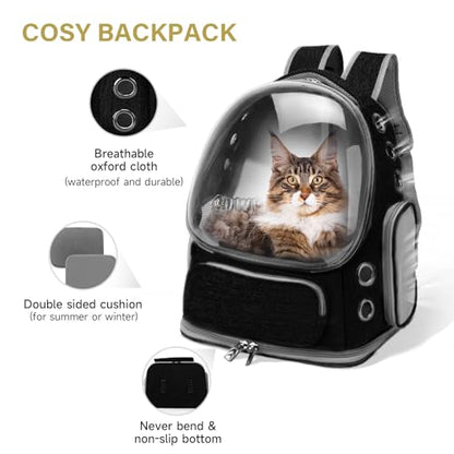 Cawypety Cat Backpack Carrier, Breathable Cat Carrier Large Space Bubble Pet Backpack for Kitty Small Dog up to 12lbs, Transparent & Foldable Pet Carrier for Travel Hiking (Black - color: Black