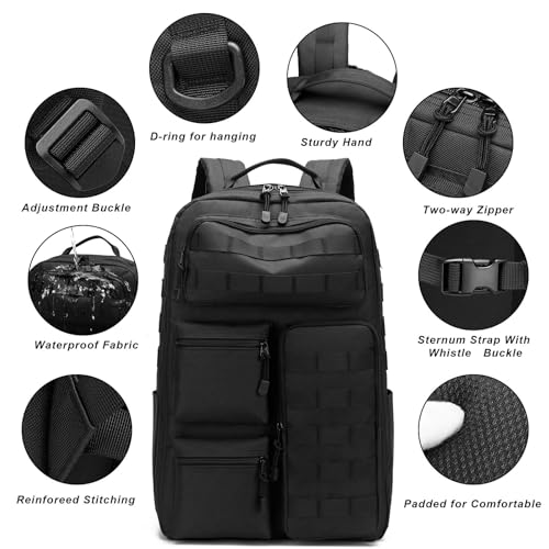 Tactical Camo Backpack for Men Women Waterproof Durable MOLLE Backpack Camping Hunting Emergency Preparedness - color: Black