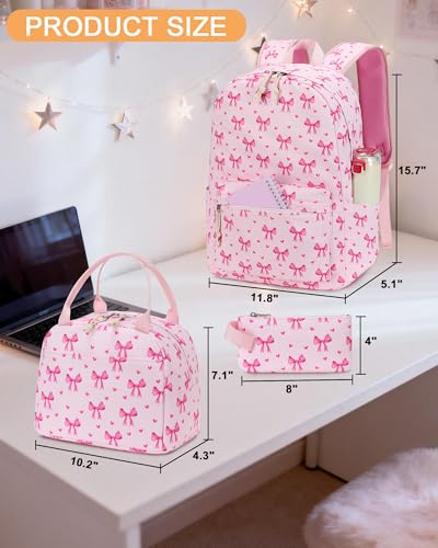 LOIDOU Backpack for Teen Girls Bookbags School Backpack with Lunch Box and Pencil Case 3 in 1 School Bags Set - color: Bow Tie Pink