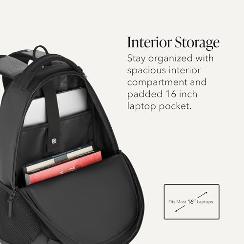 SWISSGEAR Cecil Laptop Backpack, Fits Most 16-Inch Laptops, Three-Compartment Design, Airflow Back Panel, Black, 27.3L, 18-Inch - color: Black Hex
