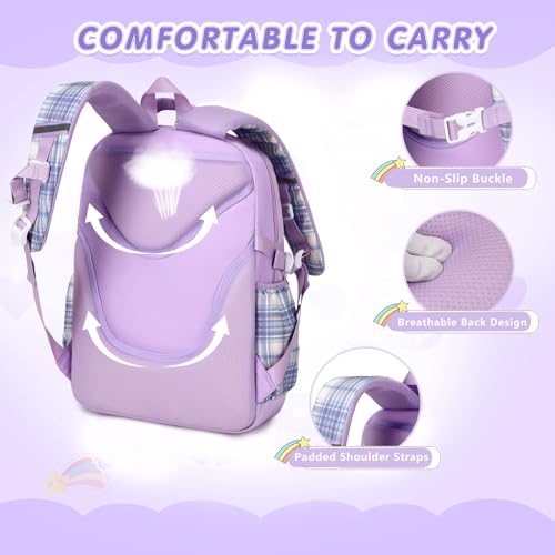 GeeWin School Backpack for Girls, Bookbags Back Pack School Bag for Teen Girl Elementary Middle School Student, Cute Stylish Plaid Girls Backpack with Matching Insulated Lunch Bag & Pencil Bag(Purple) - color: Purple
