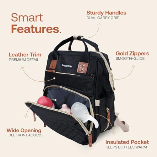 SNUGGY BABY Diaper Bag with Changing Station, Diaper Backpack with Changing Pad, Portable Diaper Organizer, Insulated Bottle Holders, Large Capacity, Water-Resistant Travel Bag (Black) - color: Black