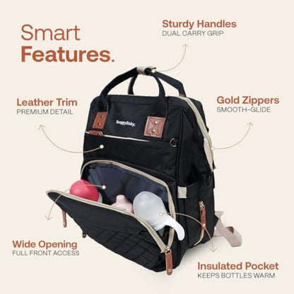 SNUGGY BABY Diaper Bag with Changing Station, Diaper Backpack with Changing Pad, Portable Diaper Organizer, Insulated Bottle Holders, Large Capacity, Water-Resistant Travel Bag (Black) - color: Black