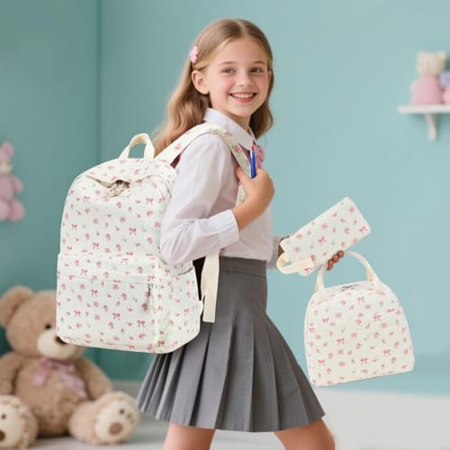 BTOOP School Backpacks for Teen Girls Bookbags Lightweight Kids Backpack School Bags Set with Lunch Box Pencil Case - color: A-pink Bow-flower