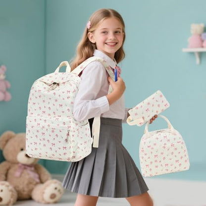 BTOOP School Backpacks for Teen Girls Bookbags Lightweight Kids Backpack School Bags Set with Lunch Box Pencil Case - color: A-pink Bow-flower