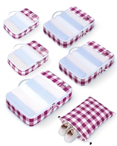 ECOHUB 6 Set Packing Cubes for Travel Durable Suitcase Organizer Bags Set with Personalized Tag Travel Essentials with Shoe Bag Traveling Accessories for Luggage Machine Washable,Wine Red - color: Wine Red