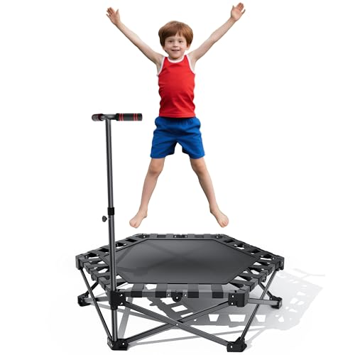 RYGEO Mini Fitness Trampoline with Adjustable Handle Bar, Black, Indoor Exercise Rebounder for Kids, Foldable Frame