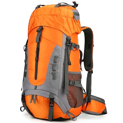 75L Hiking Backpack with Rain Cover Waterproof Camping Backpack Shoes Warehouse for Men Women, Frameless - color: Orange, size: 60L