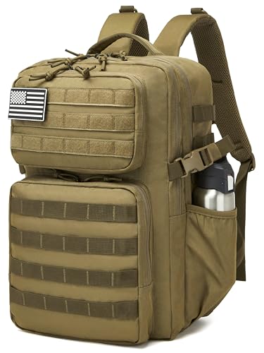 Wotony Military Tactical Backpack for Men Waterproof Daypack 3 Day Assault Pack Molle Bag with Water Bottle Holder - color: Khaki, size: 35L