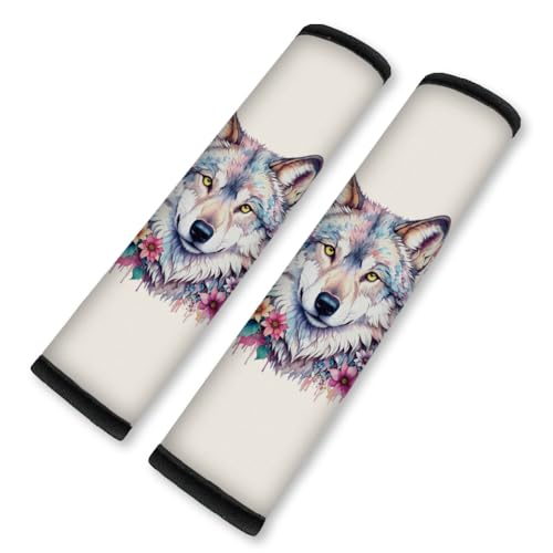 2Pcs Soft Auto Seat Belt Cover Pad, Floral Wolf Animal Colorful Car Seatbelt Shoulder Cushion for Comfortable Driving, Compatible with All Cars' Seatbelt and Backpack Straps 11x2.4inch - color: Wolf