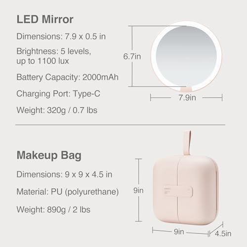 AMIRO M2 Cude Travel Makeup Bag with 5 Level Brightness & 3 Color LED Mirror, Portable Makeup Artist Organizer, Pink