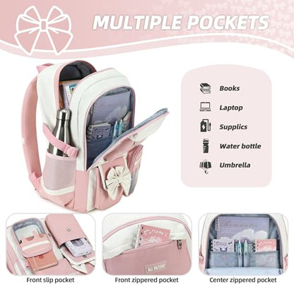 School Backpack for Girls 3PCS Nylon Kids Backpack Set with Lunch Box & Pencil Pouch, Cute Lightweight Teen Girls School Bag Laptop Bag Travel Daypack for Elementary Middle High School Beige Pink - color: Pink