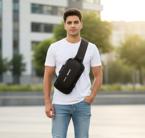 Unisex Anti-Theft Sling Bag with USB Port, Water-Resistant Crossbody Chest Backpack for Travel & Work - color: Black