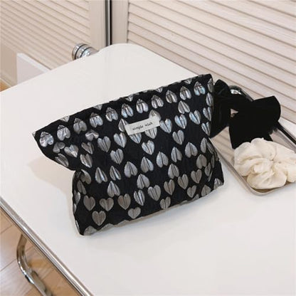 Wudygirl Cute Makeup Bag Cosmetic Bag Travel Cosmetic Pouch for Women Aesthetic Canvas Make up Organizer with Zipper Large Capacity Handbag Pencil Pouch (Black Heart) - color: Black Heart