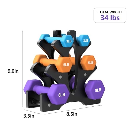 Portzon Weights Dumbbells Set 3, 5, 8, and 10 Pound Neoprene Dumbbell Free Hand Weight Set with Rack, Ideal for Home Exercises, 32 LB, Anti-Slip, Anti-roll, Hex Shape - color: Blue+Orange+Black