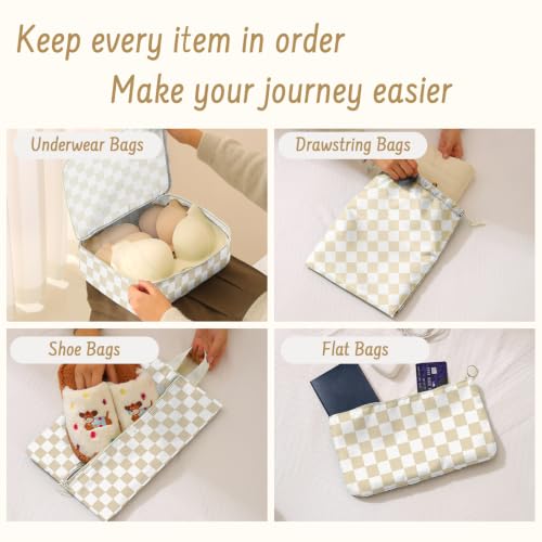 9 Set Packing Cubes for Travel Essentials - Lightweight Carry-On Luggage Organizer Bags with Shoe, Clothes & Laundry Bags for Airplane, Family & Business Travel, Beige checkered - color: Beige checkered