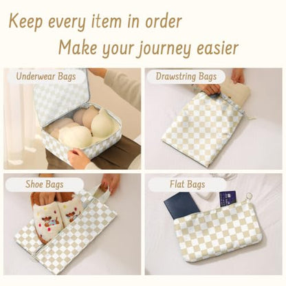 9 Set Packing Cubes for Travel Essentials - Lightweight Carry-On Luggage Organizer Bags with Shoe, Clothes & Laundry Bags for Airplane, Family & Business Travel, Beige checkered - color: Beige checkered