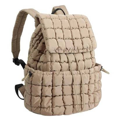 XSUIOY Quilted Backpack Purse for Women Small Lightweight Puffer Puffy College Laptop Backpack Nylon Casual Bookbag Daypack Top Flap Drawstring Padding Hiker Travel Gym Backpack(Khaki) - color: Khaki