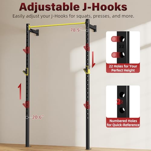 SPORTSOUL Wall Mounted Power Cage, 900lbs Squat Rack with Pull Up Bar for Home Gym, Space-Saving 2"x2" Pull-Up Station with Adjustable J-Hooks for Garage & Apartment - color: Yellow