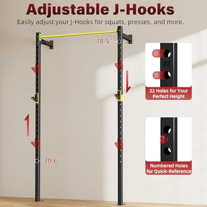 SPORTSOUL Wall Mounted Power Cage, 900lbs Squat Rack with Pull Up Bar for Home Gym, Space-Saving 2"x2" Pull-Up Station with Adjustable J-Hooks for Garage & Apartment - color: Yellow