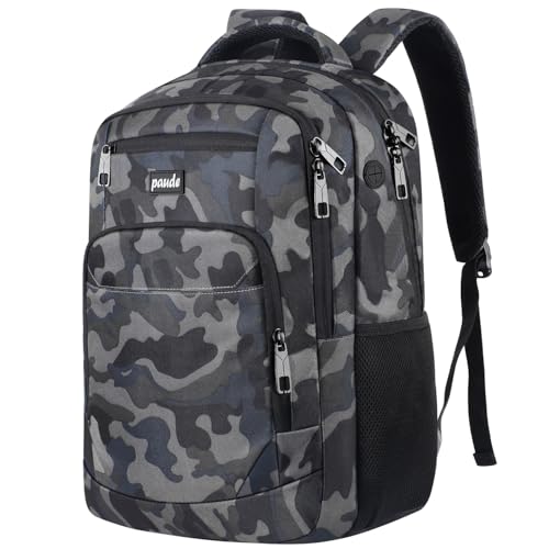 Paude 17 inch Travel Business Backpack for Men,College Backpack School Bookbag for Teens,Laptop Bookbag with USB Port and Headphone Hole,Camouflage Black - color: Camouflage Black, size: 17.3 inch