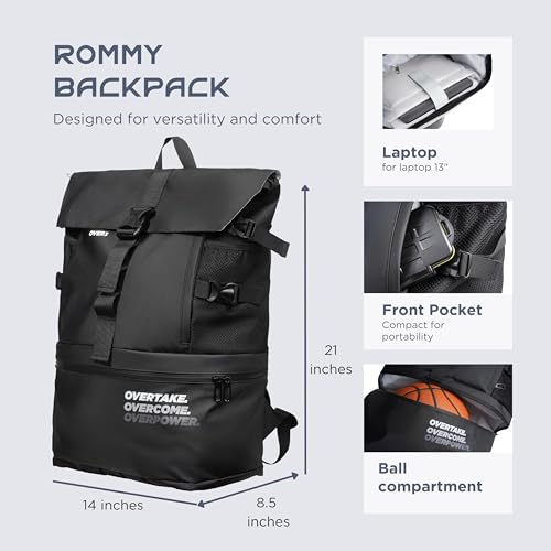 OVER3 Basketball Backpack Large - with Shoe & Laptop Compartment - Versatile Bag for Basketball, Soccer, Volleyball, Football and Travel - Men & Women - Black