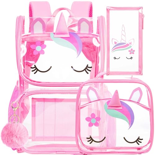 UFNDC 3PCS Clear Backpack for Girls and Boys, Unicorn Cat Transparent Bookbag, See Through School Bag for Kids Elementary - color: 3pcs Clear Unicorn Pink