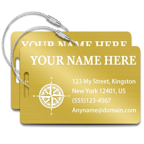 Personalized Metal Luggage Tags (2 Pack), Customizable Icon Text, Laser Engraved Waterproof Durable, for Bags, Backpack Travel, Suitcases (Gold) - color: Vertical Gold