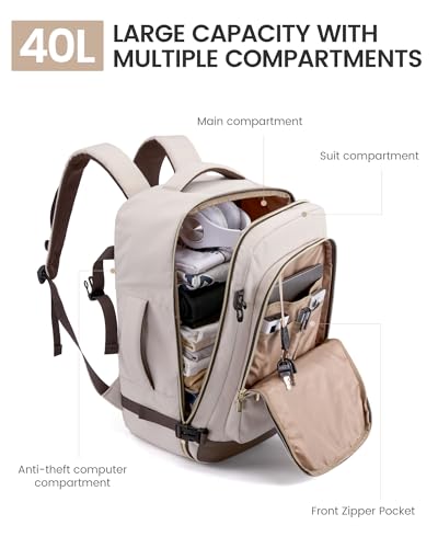 LOVEVOOK 40L Travel Backpack for Women Men with Garment Bag, Airline Approved Carry on Luggage Travel Essentials with 3 Packing Cubes, TSA Overnight Bags Weekender Essentials Backpacks fits 17" Laptop - color: Beige-brown, size: 40L-4Pcs