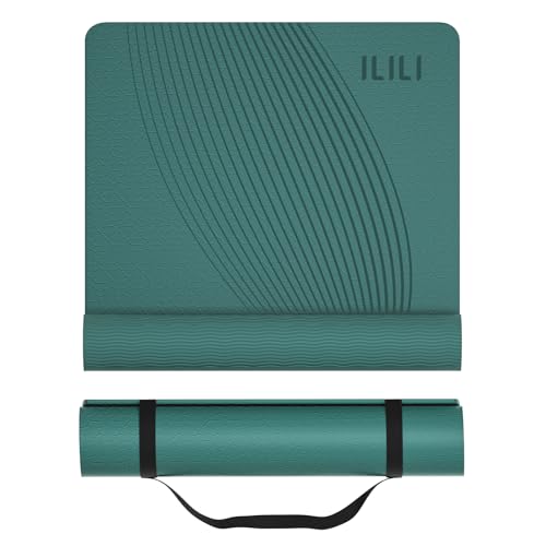 ILILI Yoga Mat, TPE Exercise Mat, Tear-Resistant, Fitness Yoga Mat with Carrying Strap, 72''x25''×0.3''(8mm), Ideal for Yoga, Pilates, Home Workouts, Stretching & All Fitness Routines - color: Peacock Green