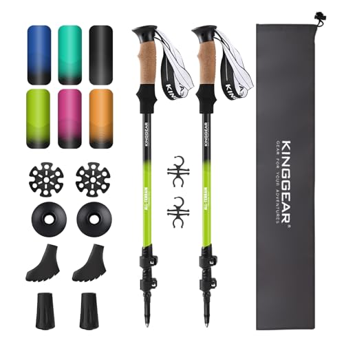 KINGGEAR Nordic Walking Stick, TP1 Hiking Poles Retractable Lightweight 7075 Aluminum, Trekking Poles with Flip Lock, Natural Cork and EVA Grip, 2pc Hiking Gear - color: Green