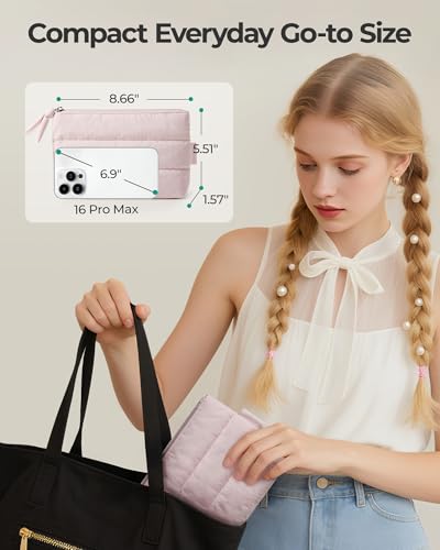 BAGSMART Small Makeup Bag – Slim 1.6", Machine Washable, Puffy Travel Pouch | Ultra-compact 1.6" profile; disappears into crowded totes, backpacks, carry-ons - color: Haze Green, size: Small