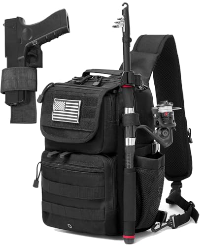 Tactical Sling Tackle Backpack Holster Fishing Crossbody Shoulder Strap Bag 15L Water Bottle Molle Accessories Pouch - color: Black