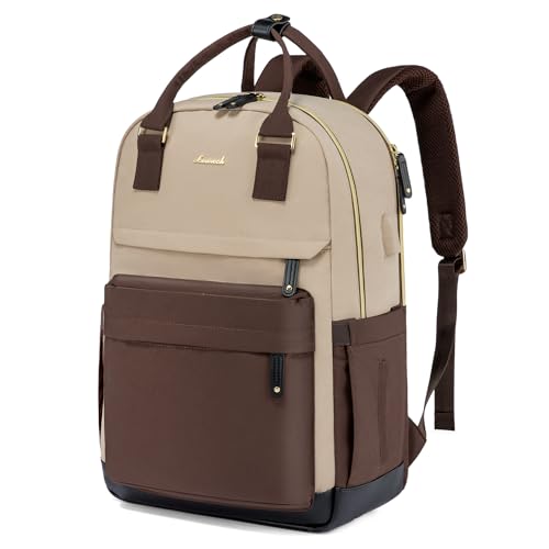 LOVEVOOK Travel Laptop Backpack Women, 17.3 Inch Anti-theft Laptop Bag with USB Port, Fashion Waterproof Computer Backpacks Teacher Nurse Backpack Purse for College Work - color: Khaki-coffee, size: 17.3 Inch