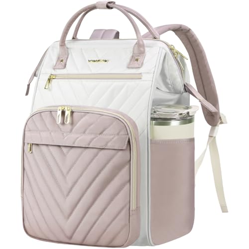 VANKEAN Laptop Backpack for Women Fashion Computer Work Bag, Large Capacity Waterproof Backpack, College Daypack Business Travel, Beige/Dusty pink, 15.6 Inch - color: Beige/Dusty Pink, size: 15.6 Inch