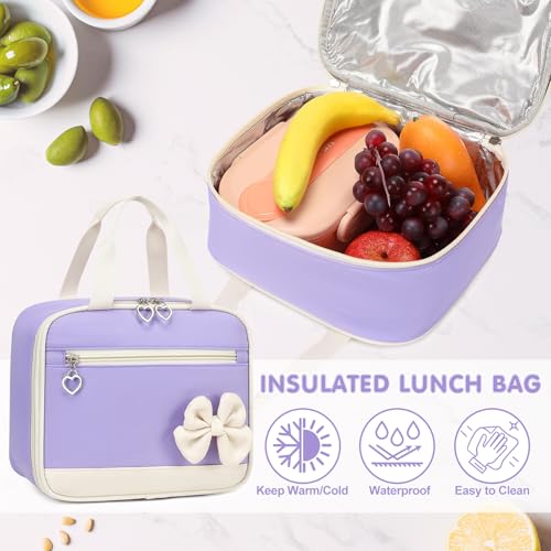 GeeWin Girls Backpack for School with Lunch Box & Pencil Case Set, 17 Inch Waterproof Cute Bow Girls Bookbag for Kids, Teens, Elementary Middle High College School Student (Purple/Beige) - color: Purple Beige